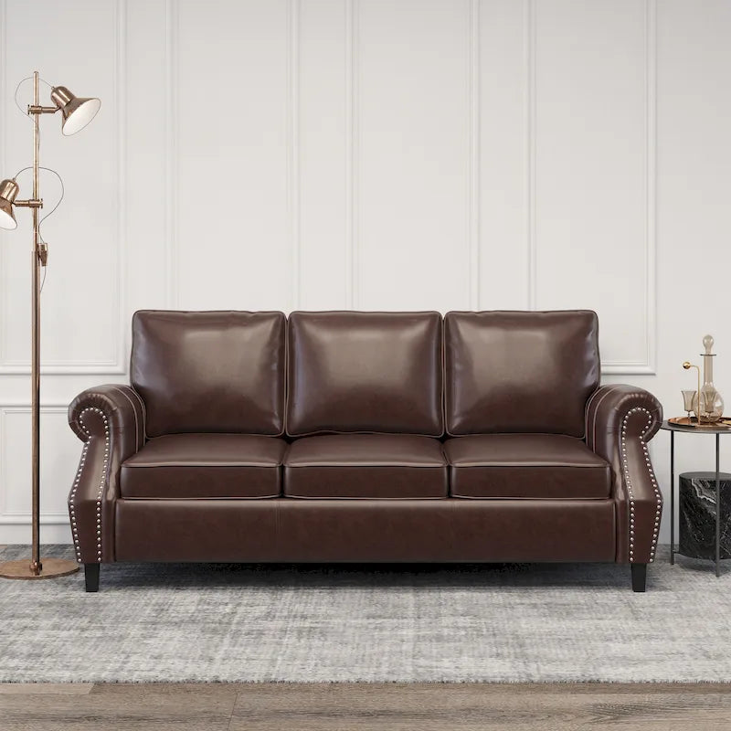80-Inch Faux Leather 3-Seater Sofa - Rolled Arms with Nailhead Trim, Tapered Birch Legs, Contemporary Design, 80x34x37"
