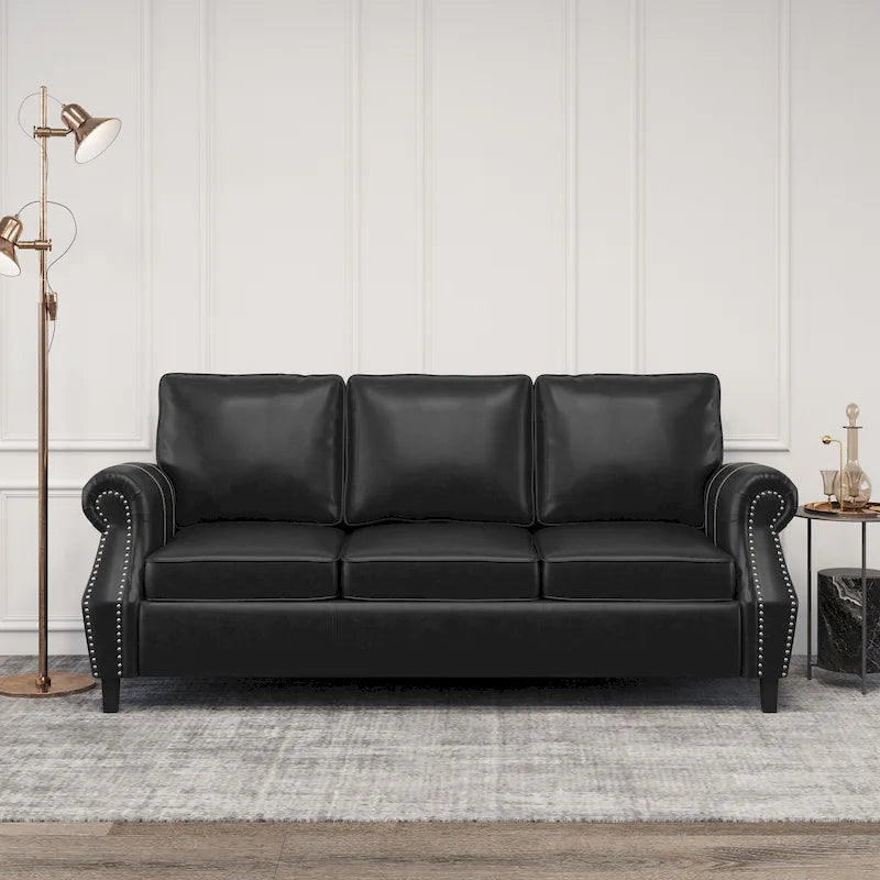80-Inch Faux Leather 3-Seater Sofa - Rolled Arms with Nailhead Trim, Tapered Birch Legs, Contemporary Design, 80x34x37"
