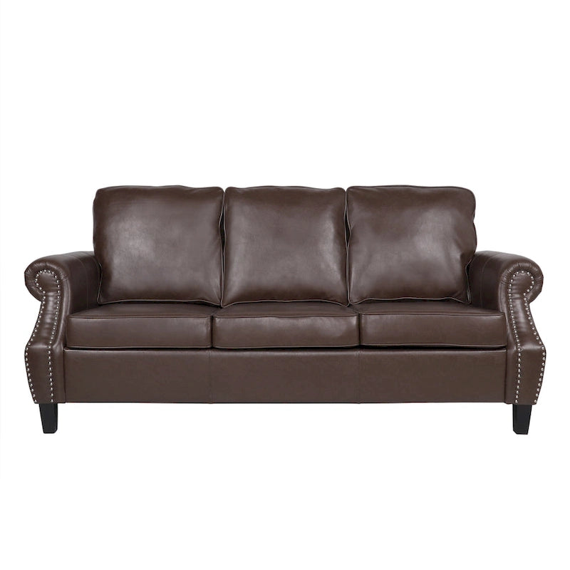 80-Inch Faux Leather 3-Seater Sofa - Rolled Arms with Nailhead Trim, Tapered Birch Legs, Contemporary Design, 80x34x37"