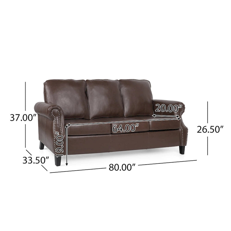 80-Inch Faux Leather 3-Seater Sofa - Rolled Arms with Nailhead Trim, Tapered Birch Legs, Contemporary Design, 80x34x37"
