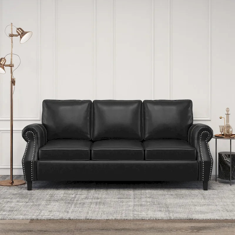 80-Inch Faux Leather 3-Seater Sofa - Rolled Arms with Nailhead Trim, Tapered Birch Legs, Contemporary Design, 80x34x37"
