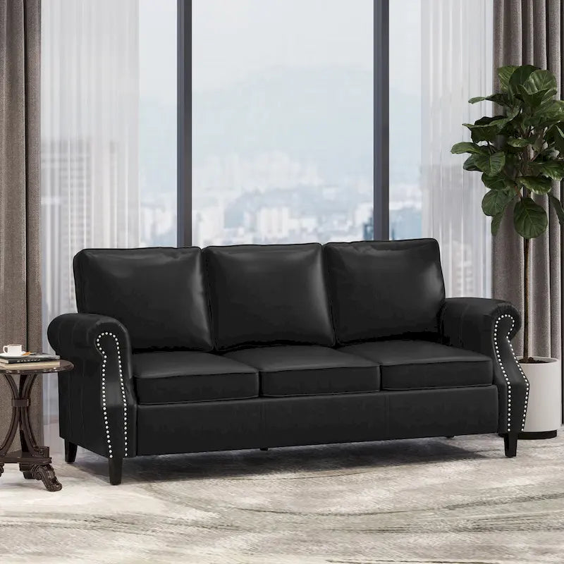 80-Inch Faux Leather 3-Seater Sofa - Rolled Arms with Nailhead Trim, Tapered Birch Legs, Contemporary Design, 80x34x37"
