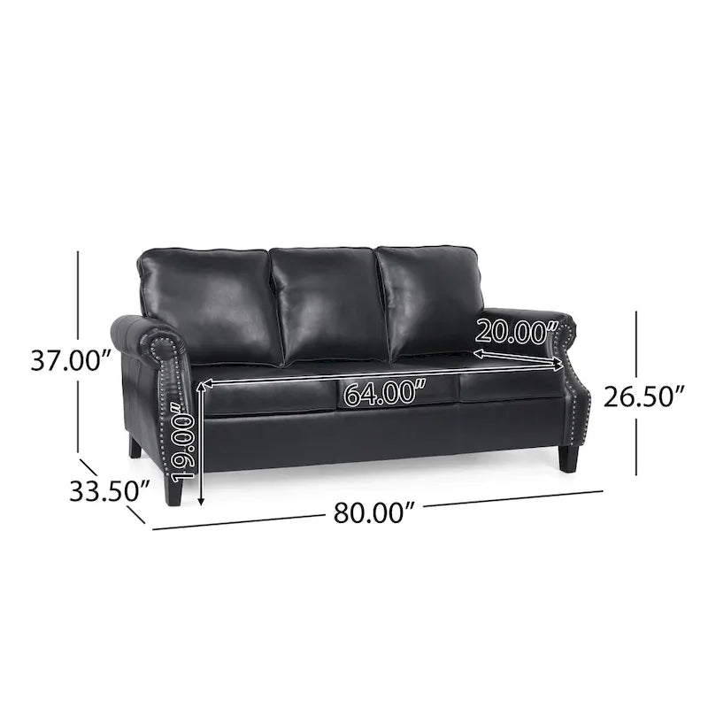 80-Inch Faux Leather 3-Seater Sofa - Rolled Arms with Nailhead Trim, Tapered Birch Legs, Contemporary Design, 80x34x37"