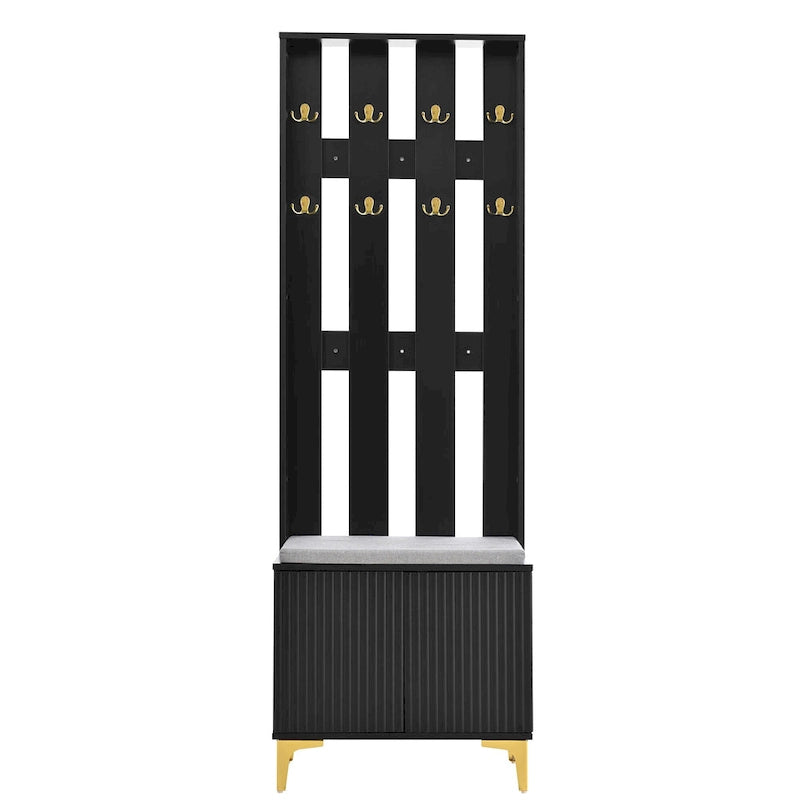 4-in-1 Hall Tree with Cushion, Coat Rack with 8 Gold Hooks and Legs, Entryway Bench with Adjustable Shelves & Fluted Doors