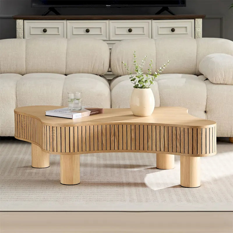 42-Inch Drum Coffee Table - Irregular Shape, Walnut Ash Grain Finish, Solid Wood & MDF, Pedestal Base, Modern Compact Design