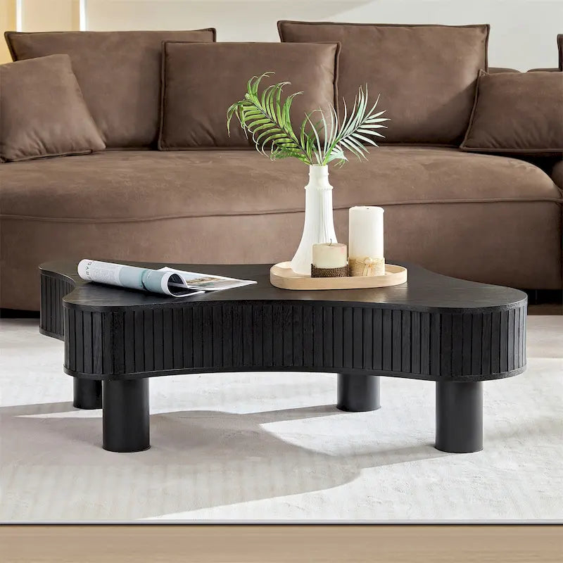 42-Inch Drum Coffee Table - Irregular Shape, Walnut Ash Grain Finish, Solid Wood & MDF, Pedestal Base, Modern Compact Design
