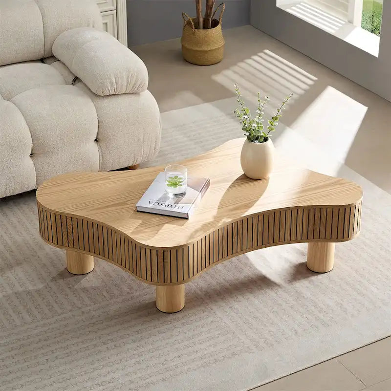 42-Inch Drum Coffee Table - Irregular Shape, Walnut Ash Grain Finish, Solid Wood & MDF, Pedestal Base, Modern Compact Design