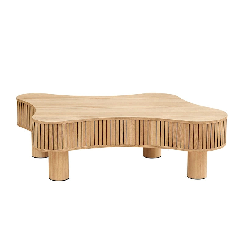 42-Inch Drum Coffee Table - Irregular Shape, Walnut Ash Grain Finish, Solid Wood & MDF, Pedestal Base, Modern Compact Design
