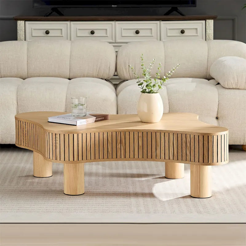42-Inch Drum Coffee Table - Irregular Shape, Walnut Ash Grain Finish, Solid Wood & MDF, Pedestal Base, Modern Compact Design