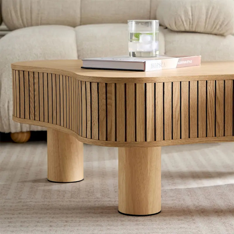42-Inch Drum Coffee Table - Irregular Shape, Walnut Ash Grain Finish, Solid Wood & MDF, Pedestal Base, Modern Compact Design