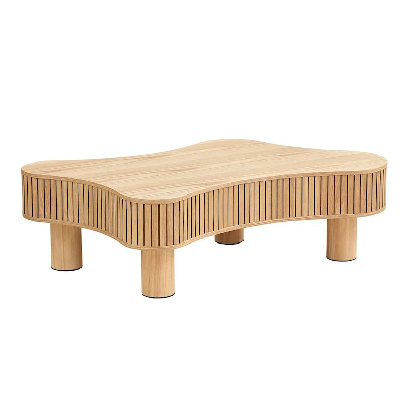 42-Inch Drum Coffee Table - Irregular Shape, Walnut Ash Grain Finish, Solid Wood & MDF, Pedestal Base, Modern Compact Design