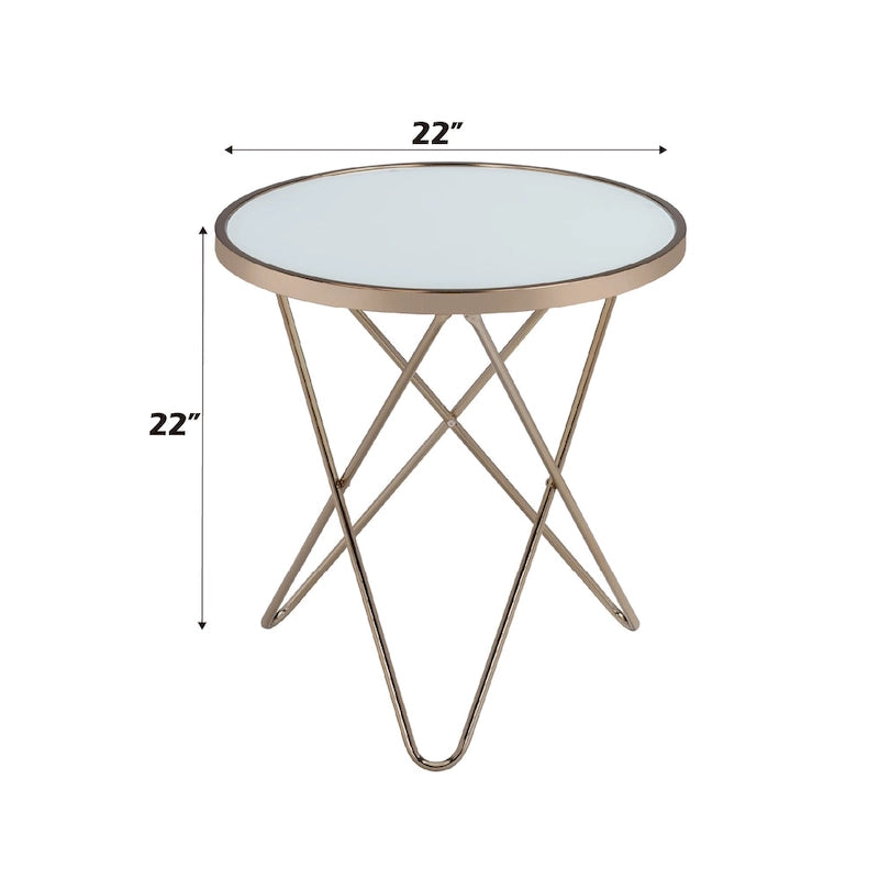 Round End Table - Frosted Tempered Glass Top, Champagne V-Shaped Metal Base, 5mm Glass, Contemporary Accent Table