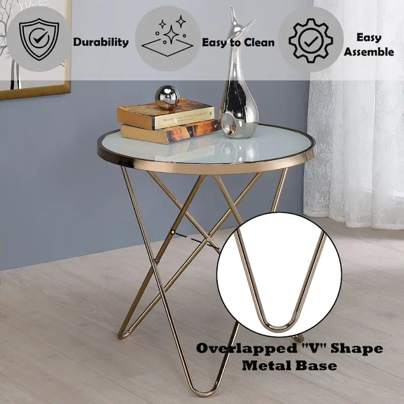 Round End Table - Frosted Tempered Glass Top, Champagne V-Shaped Metal Base, 5mm Glass, Contemporary Accent Table