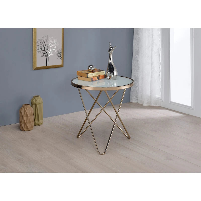 Round End Table - Frosted Tempered Glass Top, Champagne V-Shaped Metal Base, 5mm Glass, Contemporary Accent Table