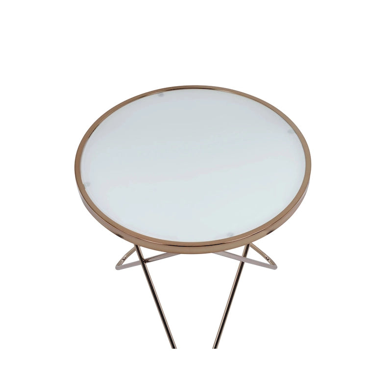 Round End Table - Frosted Tempered Glass Top, Champagne V-Shaped Metal Base, 5mm Glass, Contemporary Accent Table