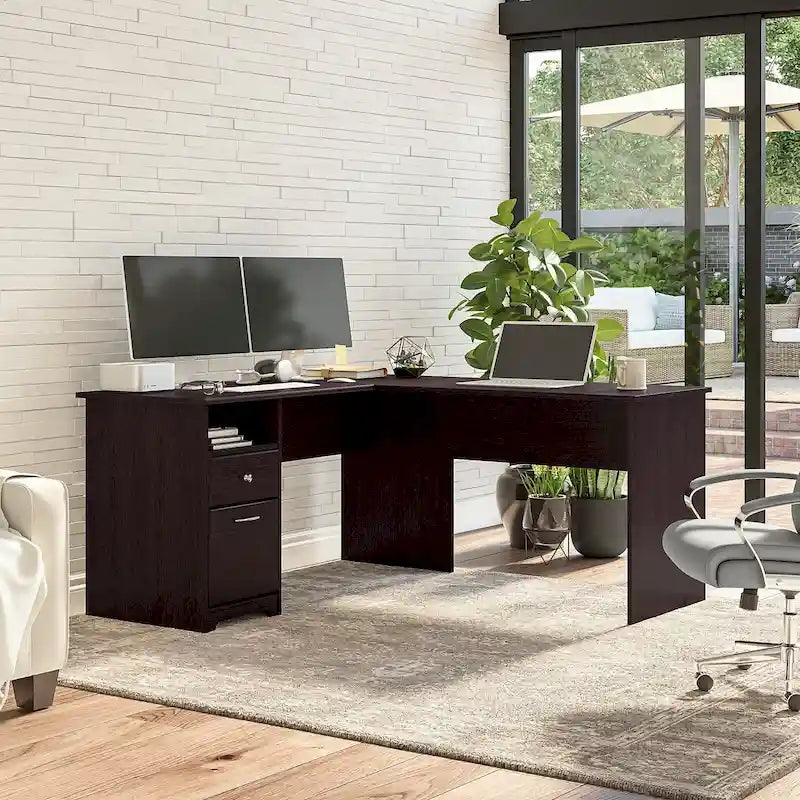 60W L-Shaped Computer Desk with Drawers, Hutch & File Storage - Transitional Home Office Furniture, 200lb Capacity