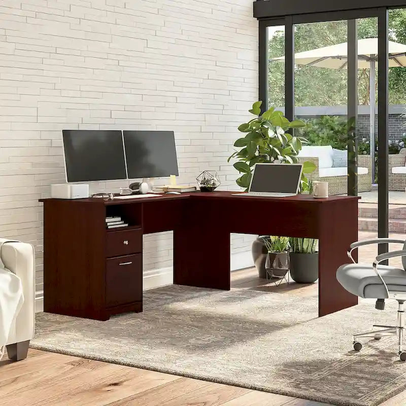 60W L-Shaped Computer Desk with Drawers, Hutch & File Storage - Transitional Home Office Furniture, 200lb Capacity