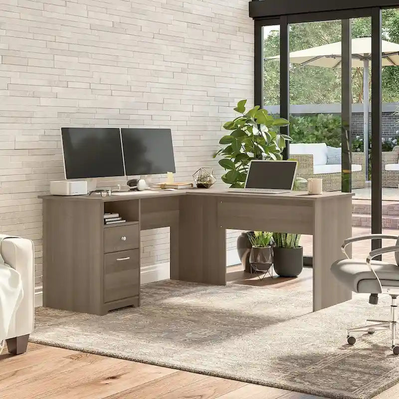 60W L-Shaped Computer Desk with Drawers, Hutch & File Storage - Transitional Home Office Furniture, 200lb Capacity