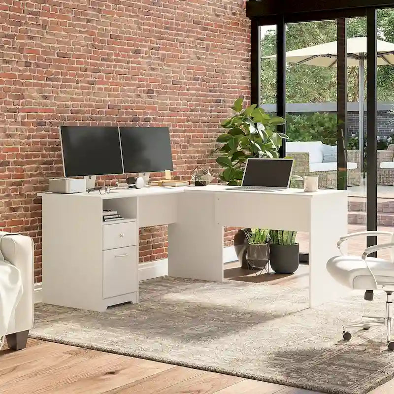 60W L-Shaped Computer Desk with Drawers, Hutch & File Storage - Transitional Home Office Furniture, 200lb Capacity