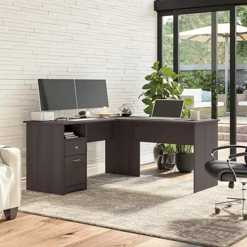 60W L-Shaped Computer Desk with Drawers, Hutch & File Storage - Transitional Home Office Furniture, 200lb Capacity