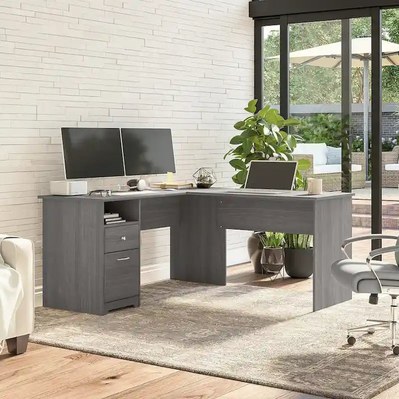 60W L-Shaped Computer Desk with Drawers, Hutch & File Storage - Transitional Home Office Furniture, 200lb Capacity