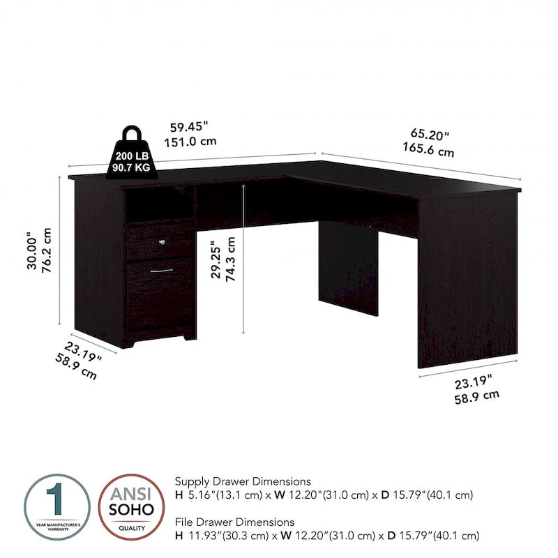 60W L-Shaped Computer Desk with Drawers, Hutch & File Storage - Transitional Home Office Furniture, 200lb Capacity