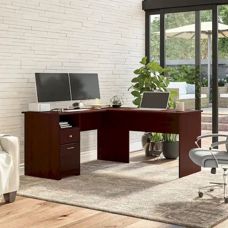 60W L-Shaped Computer Desk with Drawers, Hutch & File Storage - Transitional Home Office Furniture, 200lb Capacity