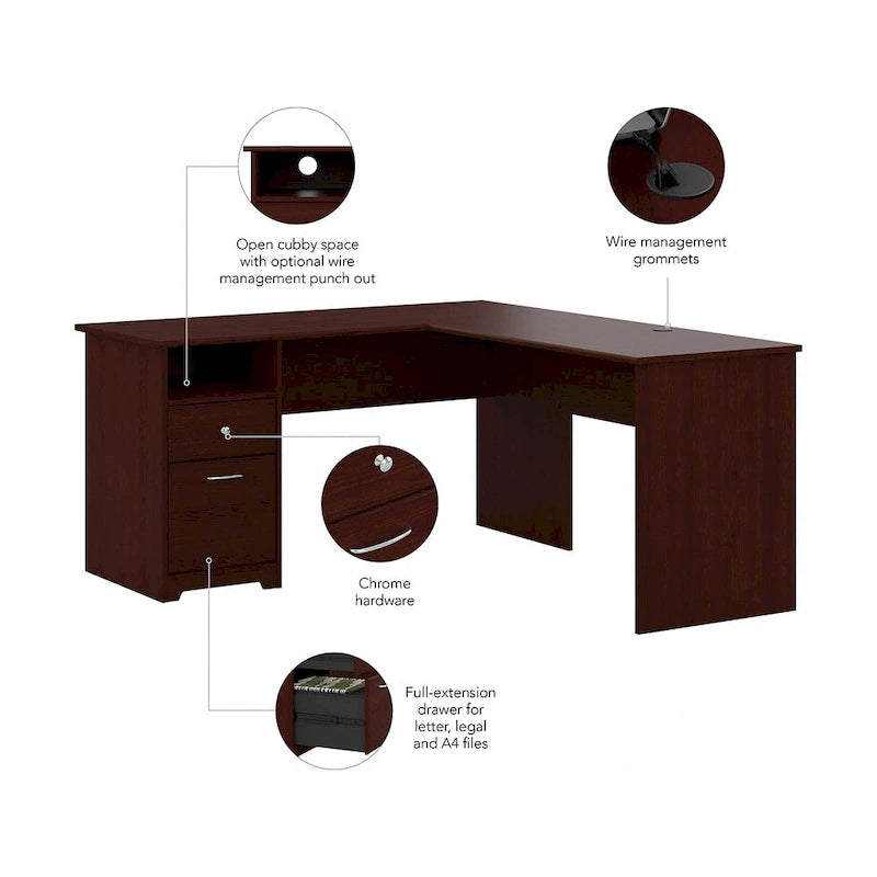 60W L-Shaped Computer Desk with Drawers, Hutch & File Storage - Transitional Home Office Furniture, 200lb Capacity