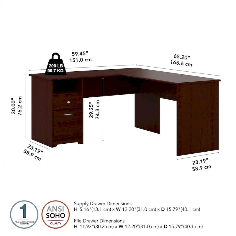 60W L-Shaped Computer Desk with Drawers, Hutch & File Storage - Transitional Home Office Furniture, 200lb Capacity