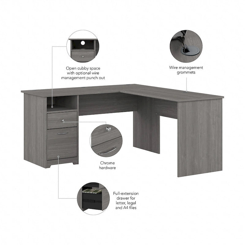 60W L-Shaped Computer Desk with Drawers, Hutch & File Storage - Transitional Home Office Furniture, 200lb Capacity