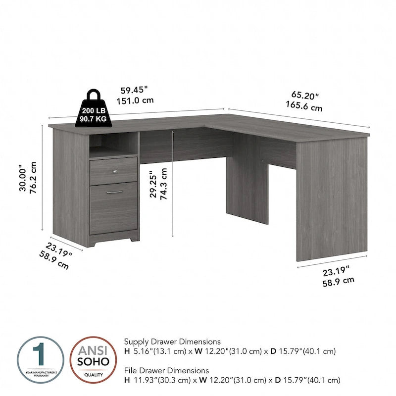 60W L-Shaped Computer Desk with Drawers, Hutch & File Storage - Transitional Home Office Furniture, 200lb Capacity