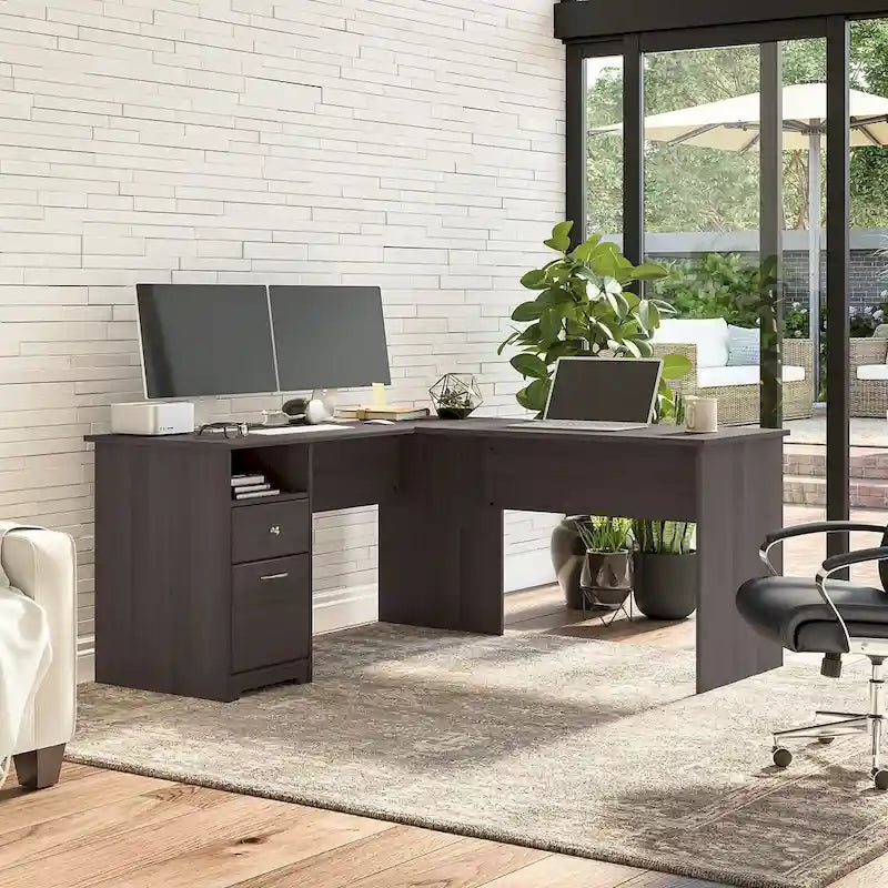 60W L-Shaped Computer Desk with Drawers, Hutch & File Storage - Transitional Home Office Furniture, 200lb Capacity