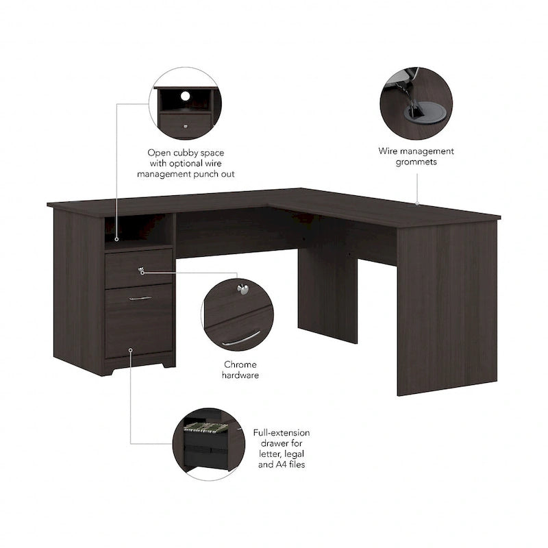 60W L-Shaped Computer Desk with Drawers, Hutch & File Storage - Transitional Home Office Furniture, 200lb Capacity