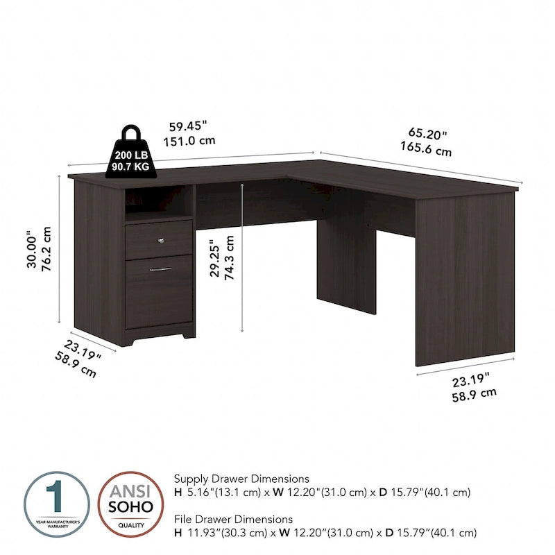 60W L-Shaped Computer Desk with Drawers, Hutch & File Storage - Transitional Home Office Furniture, 200lb Capacity