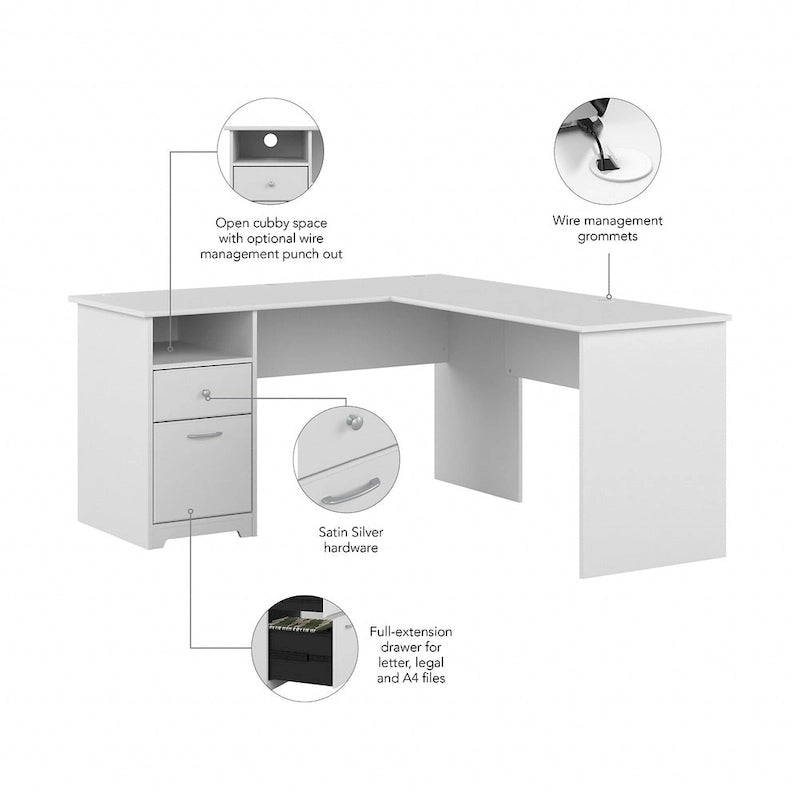 60W L-Shaped Computer Desk with Drawers, Hutch & File Storage - Transitional Home Office Furniture, 200lb Capacity