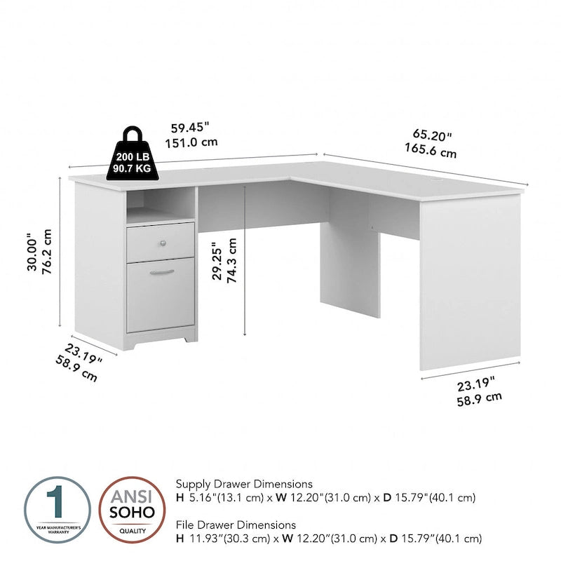 60W L-Shaped Computer Desk with Drawers, Hutch & File Storage - Transitional Home Office Furniture, 200lb Capacity