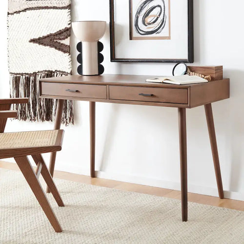 2-Drawer Writing Desk with Stiletto Legs & Brass Pulls - Mid-Century Modern Retro Style Home Office Desk - Compact Workspace Furniture