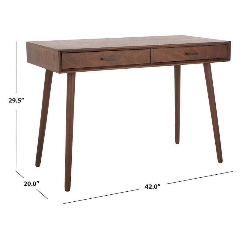 2-Drawer Writing Desk with Stiletto Legs & Brass Pulls - Mid-Century Modern Retro Style Home Office Desk - Compact Workspace Furniture