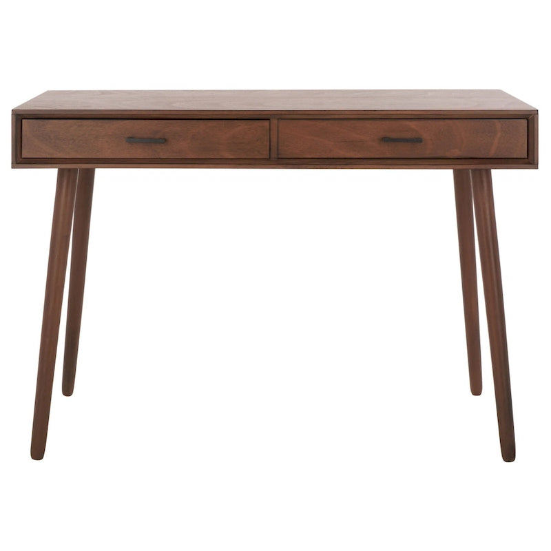 2-Drawer Writing Desk with Stiletto Legs & Brass Pulls - Mid-Century Modern Retro Style Home Office Desk - Compact Workspace Furniture