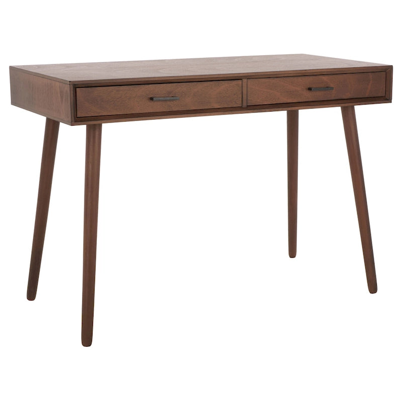 2-Drawer Writing Desk with Stiletto Legs & Brass Pulls - Mid-Century Modern Retro Style Home Office Desk - Compact Workspace Furniture