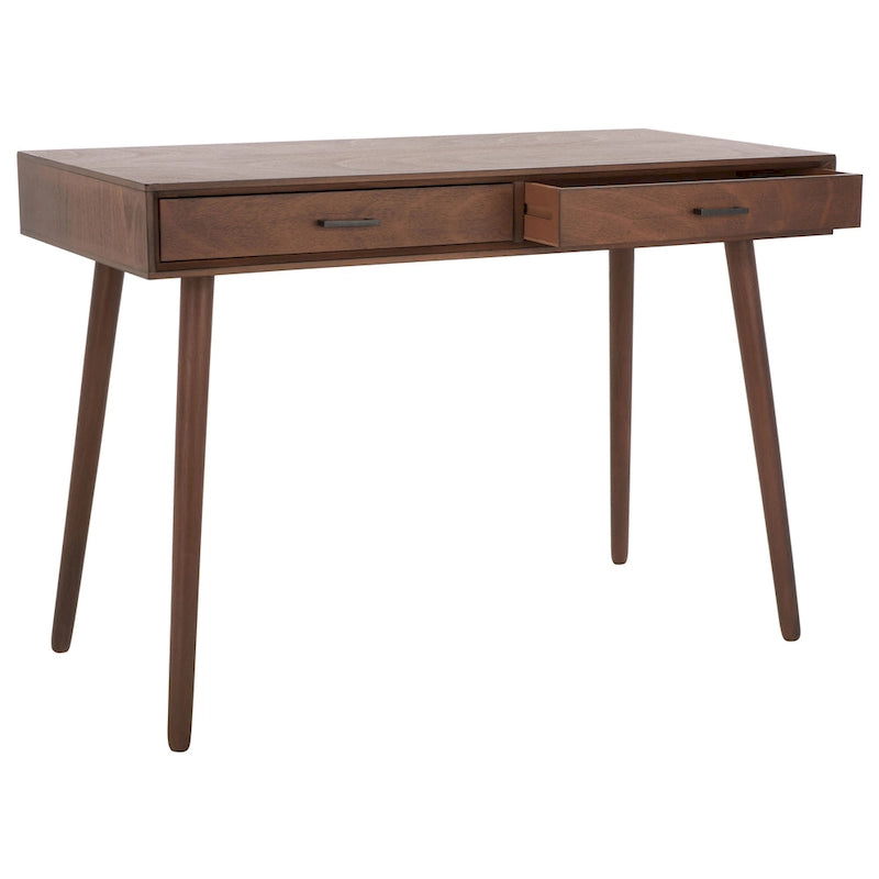 2-Drawer Writing Desk with Stiletto Legs & Brass Pulls - Mid-Century Modern Retro Style Home Office Desk - Compact Workspace Furniture