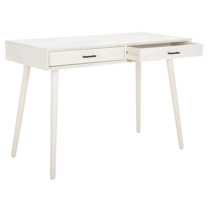 2-Drawer Writing Desk with Stiletto Legs & Brass Pulls - Mid-Century Modern Retro Style Home Office Desk - Compact Workspace Furniture