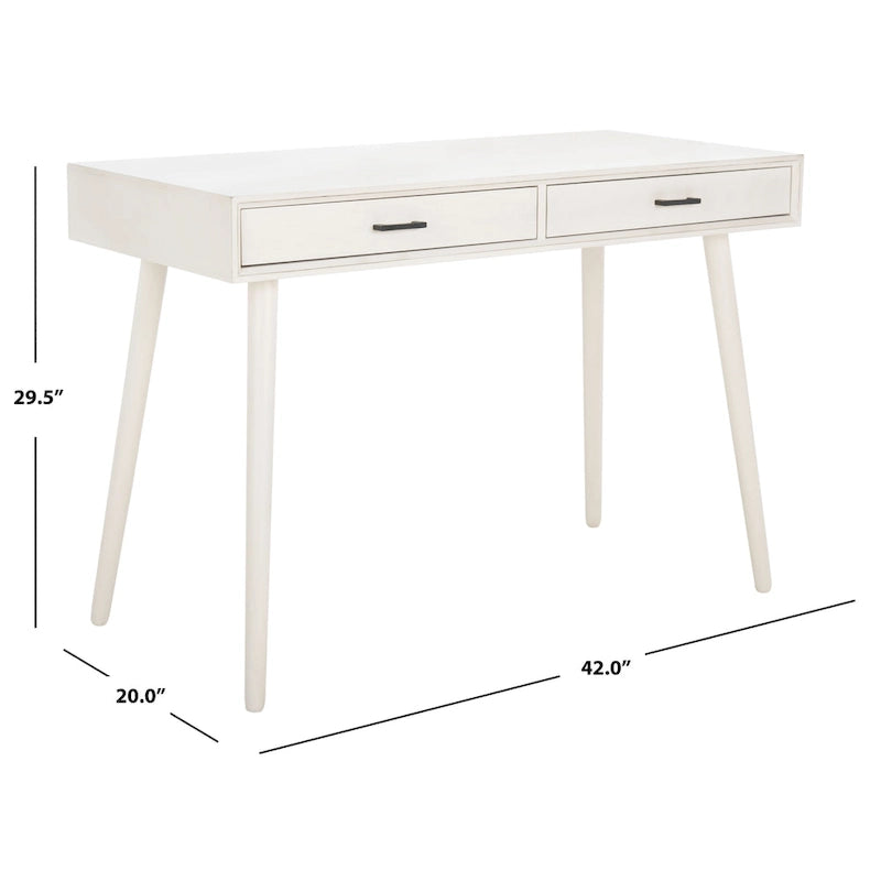 2-Drawer Writing Desk with Stiletto Legs & Brass Pulls - Mid-Century Modern Retro Style Home Office Desk - Compact Workspace Furniture