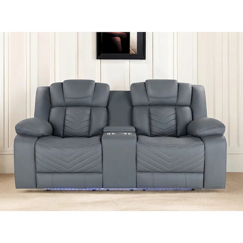 75" Light Gray Faux Leather Power Reclining Loveseat with Storage Console Cup Holders LED Light Strip