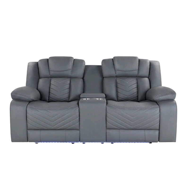 75" Light Gray Faux Leather Power Reclining Loveseat with Storage Console Cup Holders LED Light Strip