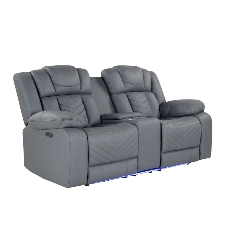 75" Light Gray Faux Leather Power Reclining Loveseat with Storage Console Cup Holders LED Light Strip