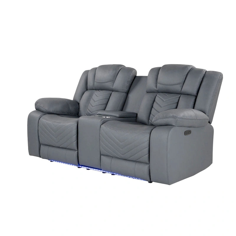 75" Light Gray Faux Leather Power Reclining Loveseat with Storage Console Cup Holders LED Light Strip