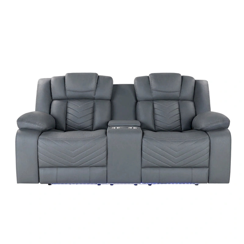 75" Light Gray Faux Leather Power Reclining Loveseat with Storage Console Cup Holders LED Light Strip