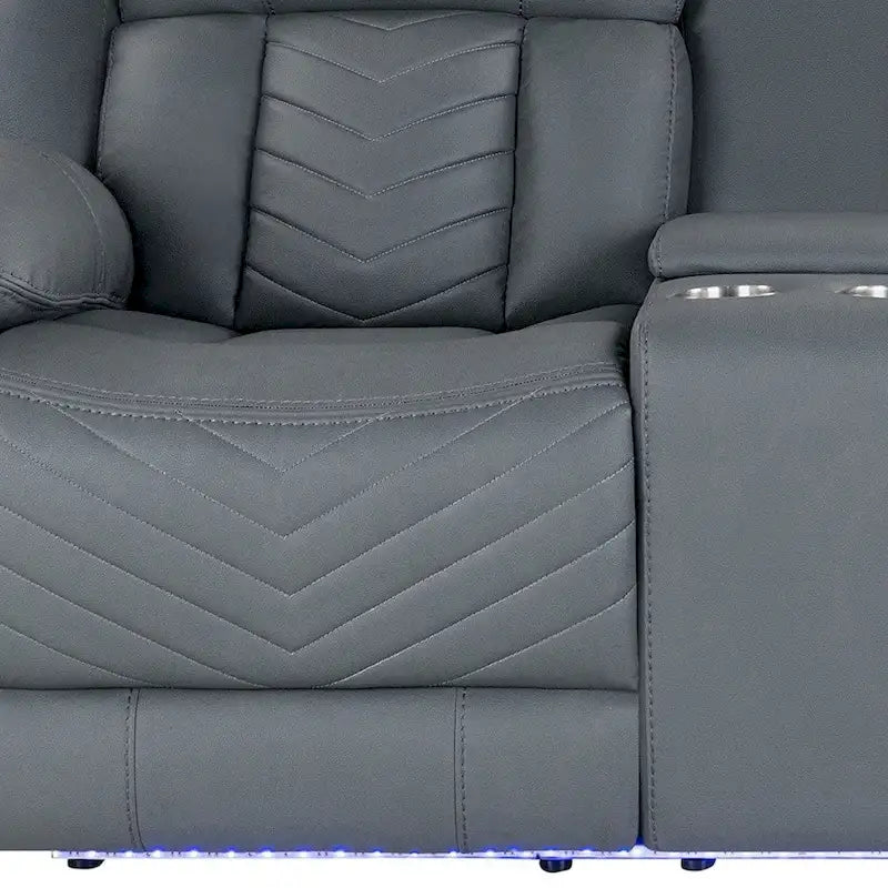 75" Light Gray Faux Leather Power Reclining Loveseat with Storage Console Cup Holders LED Light Strip
