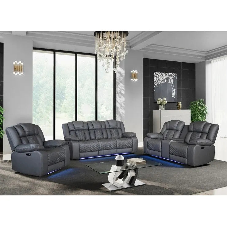 75" Light Gray Faux Leather Power Reclining Loveseat with Storage Console Cup Holders LED Light Strip